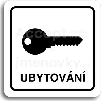 Informační tabulka Bílý piktogram "ubytování" s černým textem a rámečkem&nbsp;-