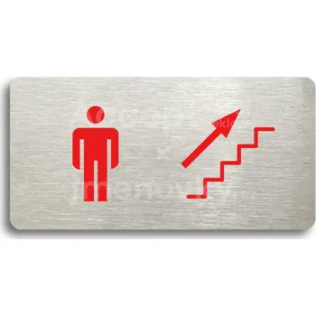 Informační tabulka Stříbrný&nbsp;piktogram "WC MUŽI VPRAVO NAHORU" s červeným textem bez rámečku&nbsp;-