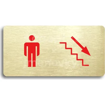 Informační tabulka Zlatý&nbsp;piktogram "WC MUŽI VPRAVO DOLŮ" s červeným textem bez rámečku&nbsp;-