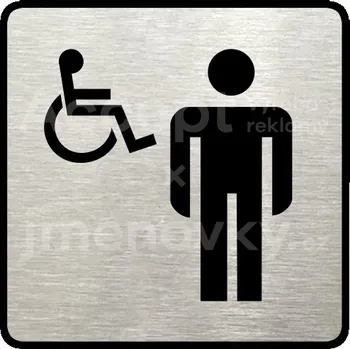 Informační tabulka Stříbrný piktogram "WC muži, invalidé" s černým textem a rámečkem - 80 x 80 mm