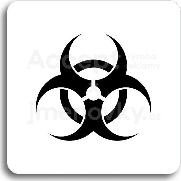 Bílý piktogram "biohazard" s černým textem bez rámečku -