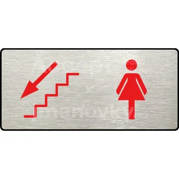 Značení Stříbrný piktogram "WC ŽENY VLEVO DOLŮ" s červeným textem a rámečkem -