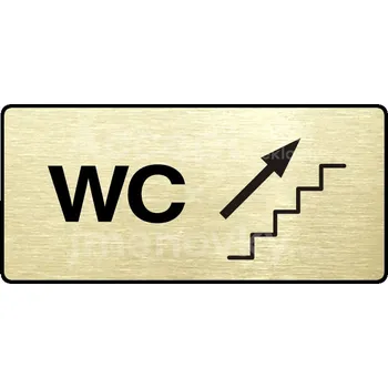 Informační tabulka Zlatý piktogram "WC VPRAVO NAHORU" s černým textem a rámečkem -