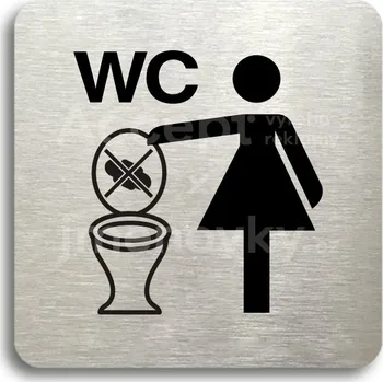 Informační tabulka Stříbrný piktogram "zákaz vhazování předmětů do WC" s černým&nbsp;textem bez rámečku -