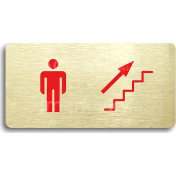 Značení Zlatý piktogram "WC MUŽI VPRAVO NAHORU" s červeným textem bez rámečku -