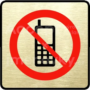 Informační tabulka Zlatý piktogram "zákaz telefonování" s červeným textem a rámečkem -