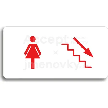 Značení Bílý piktogram "WC ŽENY VPRAVO DOLŮ" s červeným textem bez rámečku&nbsp;-