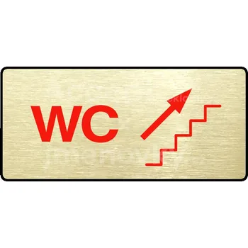 Informační tabulka Zlatý&nbsp;piktogram "WC VPRAVO NAHORU" s červeným textem a rámečkem&nbsp;-
