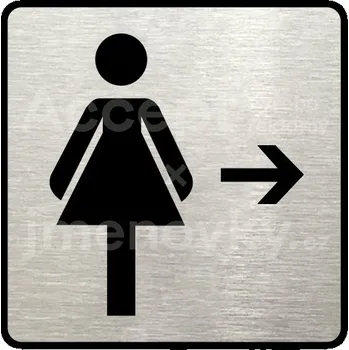 Informační tabulka Stříbrný piktogram "WC ženy vpravo" s černým&nbsp;textem a rámečkem&nbsp;-