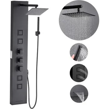 Sprchový set Sprchový panel VEVOR s věžovým systémem a dešťovou sprchovou hlavicí, sprchovým sloupem z kartáčované nerezové oceli o průměru 122 cm, 4funkční baterií, nástěnným masážním systémem s dešťovou sprchou, 4 tryskami, ručním ovládáním a vanovým výtokem