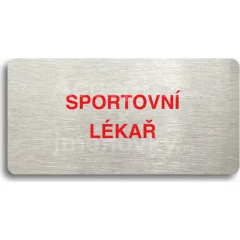 Informační tabulka Stříbrný&nbsp;piktogram "SPORTOVNÍ LÉKAŘ" s červeným textem bez rámečku&nbsp;-