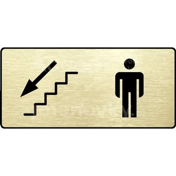 Informační tabulka Zlatý piktogram "WC MUŽI VLEVO DOLŮ" s černým&nbsp;textem a rámečkem&nbsp;-
