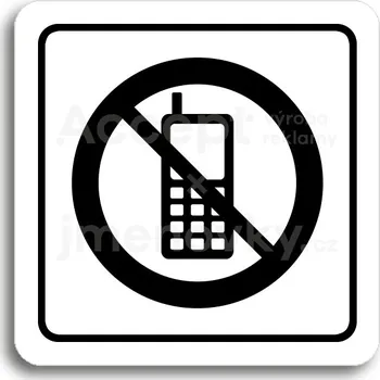 Informační tabulka Bílý piktogram "zákaz telefonování" s černým textem a rámečkem&nbsp;-