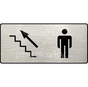 Informační tabulka Stříbrný piktogram "WC MUŽI VLEVO NAHORU" s černým&nbsp;textem a rámečkem&nbsp;-