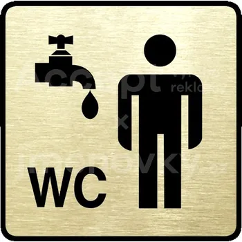 Informační tabulka Zlatý piktogram "umývárna, WC muži" s černým&nbsp;textem a rámečkem&nbsp;-
