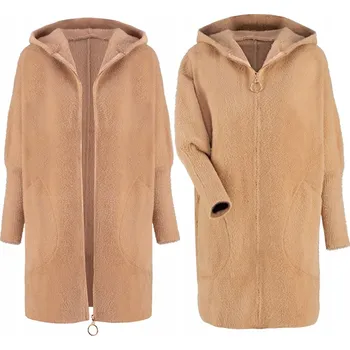 Dámský kabát Kabát Soprato béžový oversize s kapucí vlněný do půlky stehen na zip