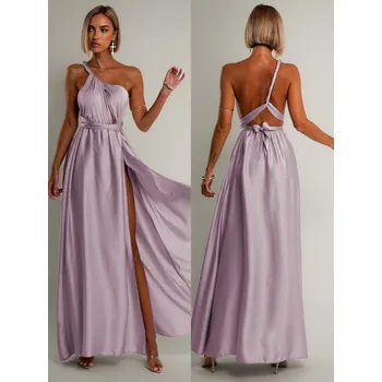 Dámské šaty Levandulové saténové šaty VALERDI s variabilním vázáním a rozparkem fialová L