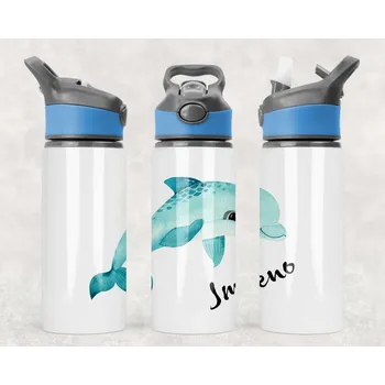 Sklenice Domovi Láhev s vlastním jménem Delfín s pítkem šedo modré barvy 650ml