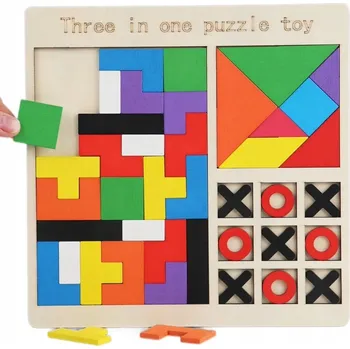 Dřevěná hračka Dřevěná skládačka 3v1 pro děti - puzzle, piškvorky stavebnice 22*22 cm