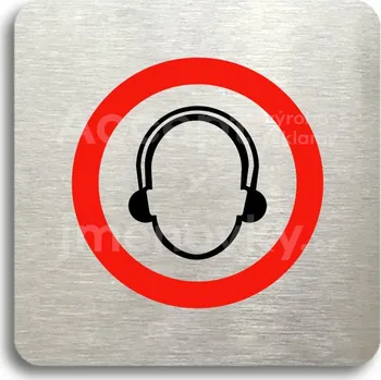 Informační tabulka Stříbrný piktogram "použij ochranu sluchu" s červeným textem bez rámečku -