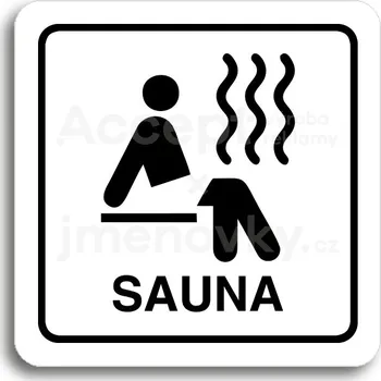 Informační tabulka Bílý piktogram "sauna III" s černým textem a rámečkem -