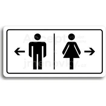 Informační tabulka Bílý piktogram "WC MUŽI VLEVO, WC ŽENY VPRAVO" s černým textem a rámečkem&nbsp;-