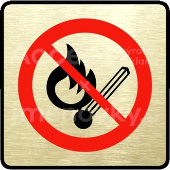 Informační tabulka Zlatý&nbsp;piktogram "zákaz vstupu s otevřeným plamenem" s červeným textem a rámečkem&nbsp;-