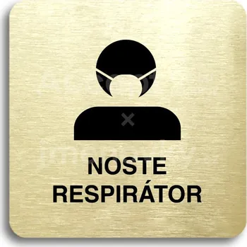 Informační tabulka Zlatý piktogram "noste respirátor III" s černým textem bez rámečku - 80 x 80 mm