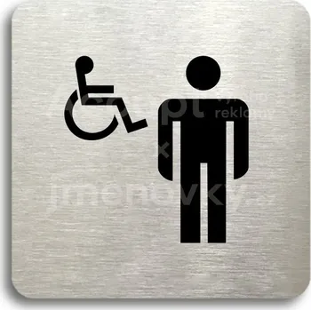 Informační tabulka Stříbrný piktogram "WC muži, invalidé" s černým&nbsp;textem bez rámečku -