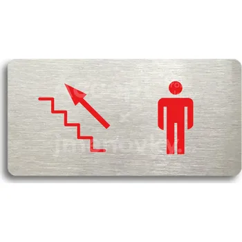 Informační tabulka Stříbrný&nbsp;piktogram "WC MUŽI VLEVO NAHORU" s červeným textem bez rámečku&nbsp;-
