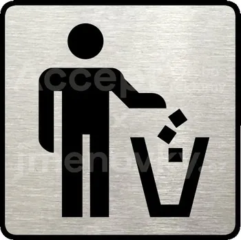 Informační tabulka Stříbrný piktogram "koš na odpadky" s černým textem a rámečkem - 80 x 80 mm