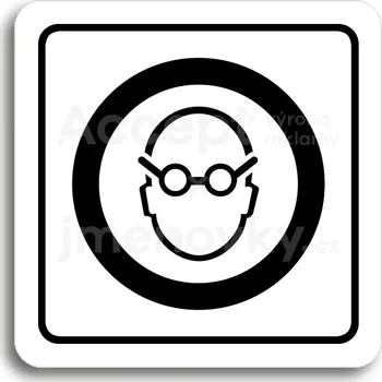 Informační tabulka Bílý piktogram "použij ochranu zraku" s černým textem a rámečkem&nbsp;-