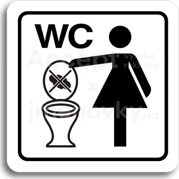 Informační tabulka Bílý piktogram "zákaz vhazování předmětů do WC" s černým textem a rámečkem - 80 x 80 mm