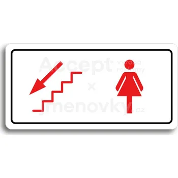 Značení Bílý piktogram "WC ŽENY VLEVO DOLŮ" s červeným textem a rámečkem&nbsp;-