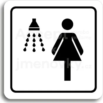 Informační tabulka Bílý piktogram "sprcha ženy" s černým textem a rámečkem&nbsp;-
