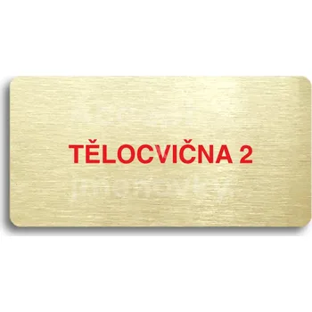 Informační tabulka Zlatý piktogram "TĚLOCVIČNA 2" s červeným textem bez rámečku -