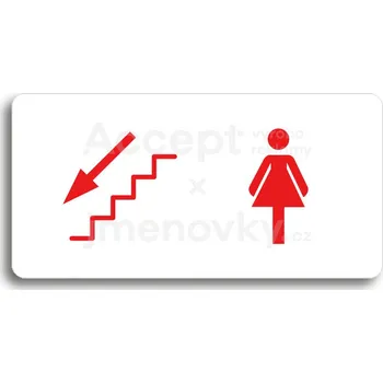 Informační tabulka Bílý piktogram "WC ŽENY VLEVO DOLŮ" s červeným textem bez rámečku -