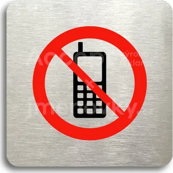 Informační tabulka Stříbrný piktogram "zákaz telefonování" s červeným textem bez rámečku - 80 x 80 mm