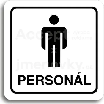 Informační tabulka Bílý piktogram "WC muži personál" s černým textem a rámečkem&nbsp;-