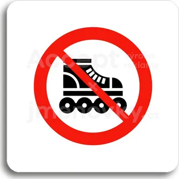 Informační tabulka Bílý piktogram "zákaz jízdy na kolečkových bruslích" s červeným textem bez rámečku&nbsp;-