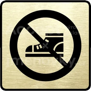 Informační tabulka Zlatý piktogram "zákaz vstupu v obuvi" s černým&nbsp;textem a rámečkem&nbsp;-