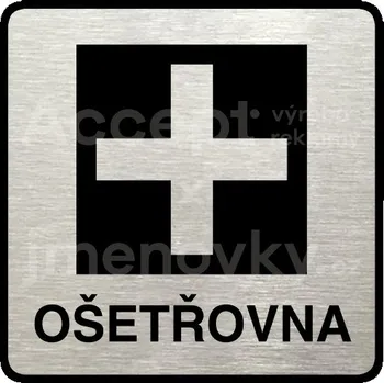 Informační tabulka Stříbrný piktogram "ošetřovna" s černým&nbsp;textem a rámečkem&nbsp;-