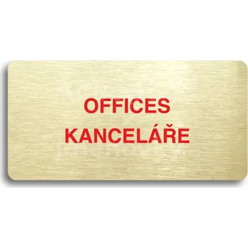 Informační tabulka Zlatý&nbsp;piktogram "OFFICES - KANCELÁŘE" s červeným textem bez rámečku&nbsp;-