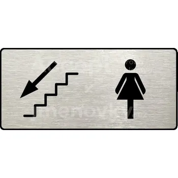Informační tabulka Stříbrný piktogram "WC ŽENY VLEVO DOLŮ" s černým textem a rámečkem -