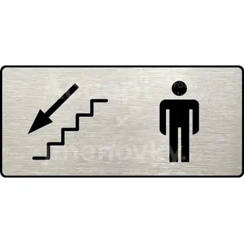 Informační tabulka Stříbrný piktogram "WC MUŽI VLEVO DOLŮ" s černým&nbsp;textem a rámečkem&nbsp;-