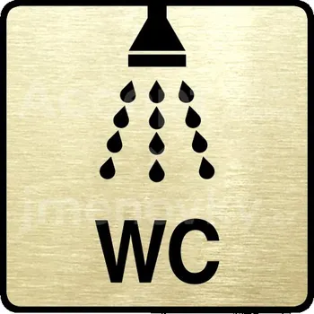 Informační tabulka Zlatý piktogram "sprcha, WC" s černým&nbsp;textem a rámečkem&nbsp;-