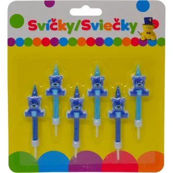Svíčka Narozeninová svíčka s modrým MEDVÍDKEM a držákem 6ks