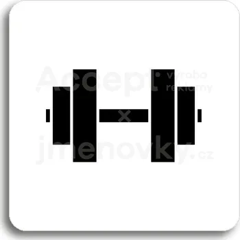 Informační tabulka Bílý piktogram "fitness V" s černým textem bez rámečku - 80 x 80 mm