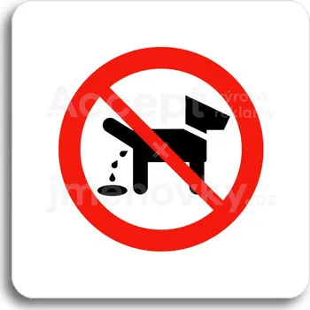 Informační tabulka Bílý piktogram "zákaz venčení zvířat" s červeným textem bez rámečku - 80 x 80 mm