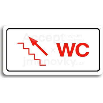 Informační tabulka Bílý piktogram "WC VLEVO NAHORU" s červeným textem a rámečkem&nbsp;-